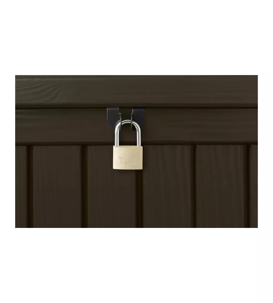Baule da esterno keter "rockwood" in resina marrone effetto legno 570 lt 155x72,4x64,4 cm